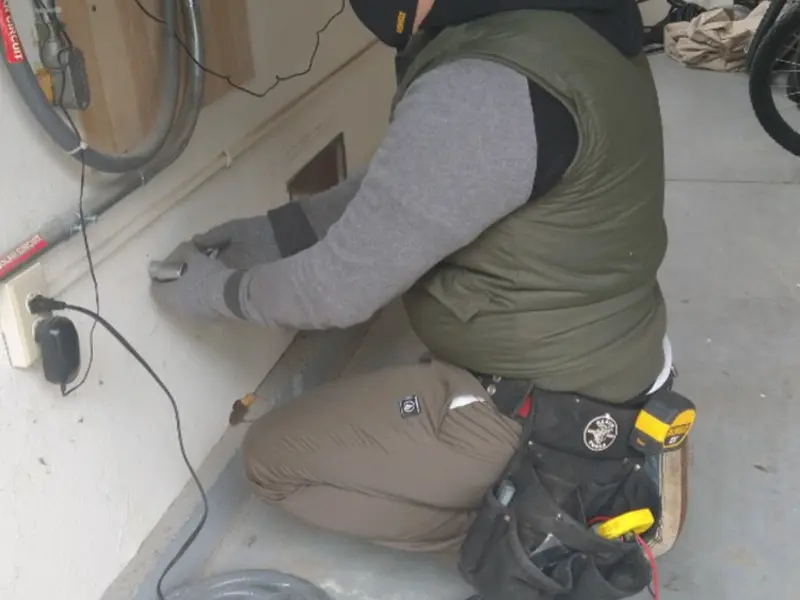 Electrician performing outlet wiring in a Prairie Grove garage